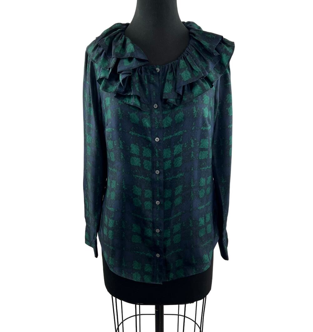J.Crew Collection Silk Twill Ruffle Collar Plaid Top Blue Green Long Sleeve XS